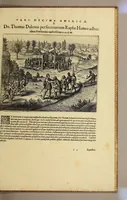 An illustration from Americae pars decima: : quae continentur, I. Duae navigationes Dn. Americi Vesputii, sub auspiciis Castellani regis, Ferdinandi susceptae. II. Solida narratio de moderno provinciae Virginiae statu, qua ratione tandem pax cum Indianis coaluerit, ac castella aliquot ad regionis praesidium ab Anglis extructa fuerint; additâ historiâ lectu jucundissimâ, quomodo Pokahuntas, regis Virginiae Powhatani filia, primori cuidam Anglo nupserit; authore Raphe Hamor Virginiae secretario. III. Vera descriptio Novae Angliae, quae Americae pars ad septentrionalem Indiam spectat, à capitaneo Johanne Schmidt, equite atque admirali delineata: cui accessit discursus, quomodo in secunda navigatione à Gallis captus, anno 1616. demum liberatus fuerit. Omnia nunc primùm in lucem edita, atque eleganter in aes incisis iconibus illustrata, / sumptibus ac studio Johann-Theodori de Bry (1619)