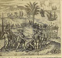 An illustration from Americae pars quarta. Sive, Insignis & admiranda historia de reperta primùm Occidentali India à Christophoro Columbo anno M CCCCXCII (1594)