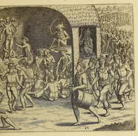 An illustration from Americae pars quarta. Sive, Insignis & admiranda historia de reperta primùm Occidentali India à Christophoro Columbo anno M CCCCXCII (1594)