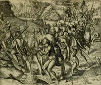 An illustration from Americae pars qvarta, siue, Insignis & admiranda historia de reperta primùm Occidentali India à Christophoro Columbo anno M. CCCCXCII (1594)