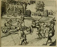 An illustration from Americae pars qvarta, siue, Insignis & admiranda historia de reperta primùm Occidentali India à Christophoro Columbo anno M. CCCCXCII (1594)