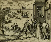 An illustration from Americae pars qvarta, siue, Insignis & admiranda historia de reperta primùm Occidentali India à Christophoro Columbo anno M. CCCCXCII (1594)