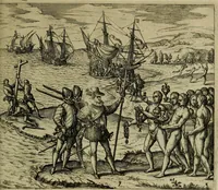 An illustration from Americae pars qvarta, siue, Insignis & admiranda historia de reperta primùm Occidentali India à Christophoro Columbo anno M. CCCCXCII (1594)
