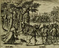 An illustration from Americae pars qvarta, siue, Insignis & admiranda historia de reperta primùm Occidentali India à Christophoro Columbo anno M. CCCCXCII (1594)