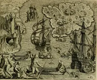 An illustration from Americae pars qvarta, siue, Insignis & admiranda historia de reperta primùm Occidentali India à Christophoro Columbo anno M. CCCCXCII (1594)