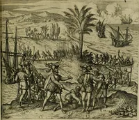 An illustration from Americae pars qvarta, siue, Insignis & admiranda historia de reperta primùm Occidentali India à Christophoro Columbo anno M. CCCCXCII (1594)