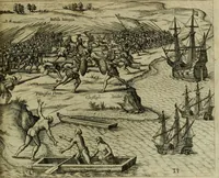 An illustration from Americae pars qvarta, siue, Insignis & admiranda historia de reperta primùm Occidentali India à Christophoro Columbo anno M. CCCCXCII (1594)