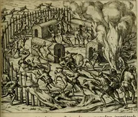 An illustration from Americae pars qvarta, siue, Insignis & admiranda historia de reperta primùm Occidentali India à Christophoro Columbo anno M. CCCCXCII (1594)