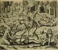 An illustration from Americae pars qvarta, siue, Insignis & admiranda historia de reperta primùm Occidentali India à Christophoro Columbo anno M. CCCCXCII (1594)