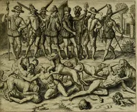 An illustration from Americae pars qvarta, siue, Insignis & admiranda historia de reperta primùm Occidentali India à Christophoro Columbo anno M. CCCCXCII (1594)