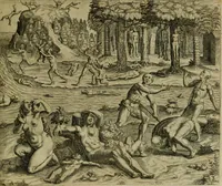 An illustration from Americae pars qvarta, siue, Insignis & admiranda historia de reperta primùm Occidentali India à Christophoro Columbo anno M. CCCCXCII (1594)