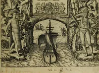 An illustration from Americae pars qvarta, siue, Insignis & admiranda historia de reperta primùm Occidentali India à Christophoro Columbo anno M. CCCCXCII (1594)