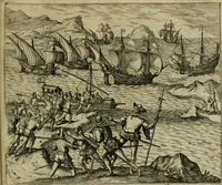Picture 50 of 67 from Americae pars qvinta Nobilis & admiratione plena Hieronymi Bezoni Mediolanensis, secundae sectionis hiã. Hispanorum : tùm in Nigrittas seruos suos, tùm in Indos crudelitatem, Gallorumq pirataru de Hispanis toties reportata spolia : aduentu item Hispanoru in Nouam Indiæ continentis Hispaniam, eorumq contra incolas eius regionis sæuitiam explicans addita ad singula fere capita scholia, in quibus res Indiæ luculenter exponuntur : accessit præterea tabula chorographica nouæ Hispaniæ in India Occidentalj : ad invictis Rvdolph II ... omnia elegantibus figuris in aes incisis expressa (1595), leaf 100