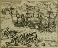 Picture 51 of 67 from Americae pars qvinta Nobilis & admiratione plena Hieronymi Bezoni Mediolanensis, secundae sectionis hiã. Hispanorum : tùm in Nigrittas seruos suos, tùm in Indos crudelitatem, Gallorumq pirataru de Hispanis toties reportata spolia : aduentu item Hispanoru in Nouam Indiæ continentis Hispaniam, eorumq contra incolas eius regionis sæuitiam explicans addita ad singula fere capita scholia, in quibus res Indiæ luculenter exponuntur : accessit præterea tabula chorographica nouæ Hispaniæ in India Occidentalj : ad invictis Rvdolph II ... omnia elegantibus figuris in aes incisis expressa (1595), leaf 102