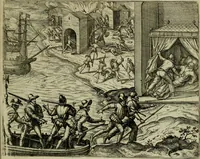 Picture 53 of 67 from Americae pars qvinta Nobilis & admiratione plena Hieronymi Bezoni Mediolanensis, secundae sectionis hiã. Hispanorum : tùm in Nigrittas seruos suos, tùm in Indos crudelitatem, Gallorumq pirataru de Hispanis toties reportata spolia : aduentu item Hispanoru in Nouam Indiæ continentis Hispaniam, eorumq contra incolas eius regionis sæuitiam explicans addita ad singula fere capita scholia, in quibus res Indiæ luculenter exponuntur : accessit præterea tabula chorographica nouæ Hispaniæ in India Occidentalj : ad invictis Rvdolph II ... omnia elegantibus figuris in aes incisis expressa (1595), leaf 106