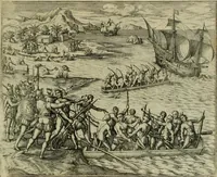 Picture 54 of 67 from Americae pars qvinta Nobilis & admiratione plena Hieronymi Bezoni Mediolanensis, secundae sectionis hiã. Hispanorum : tùm in Nigrittas seruos suos, tùm in Indos crudelitatem, Gallorumq pirataru de Hispanis toties reportata spolia : aduentu item Hispanoru in Nouam Indiæ continentis Hispaniam, eorumq contra incolas eius regionis sæuitiam explicans addita ad singula fere capita scholia, in quibus res Indiæ luculenter exponuntur : accessit præterea tabula chorographica nouæ Hispaniæ in India Occidentalj : ad invictis Rvdolph II ... omnia elegantibus figuris in aes incisis expressa (1595), leaf 108