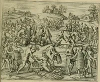 Picture 55 of 67 from Americae pars qvinta Nobilis & admiratione plena Hieronymi Bezoni Mediolanensis, secundae sectionis hiã. Hispanorum : tùm in Nigrittas seruos suos, tùm in Indos crudelitatem, Gallorumq pirataru de Hispanis toties reportata spolia : aduentu item Hispanoru in Nouam Indiæ continentis Hispaniam, eorumq contra incolas eius regionis sæuitiam explicans addita ad singula fere capita scholia, in quibus res Indiæ luculenter exponuntur : accessit præterea tabula chorographica nouæ Hispaniæ in India Occidentalj : ad invictis Rvdolph II ... omnia elegantibus figuris in aes incisis expressa (1595), leaf 110