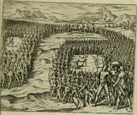 Picture 56 of 67 from Americae pars qvinta Nobilis & admiratione plena Hieronymi Bezoni Mediolanensis, secundae sectionis hiã. Hispanorum : tùm in Nigrittas seruos suos, tùm in Indos crudelitatem, Gallorumq pirataru de Hispanis toties reportata spolia : aduentu item Hispanoru in Nouam Indiæ continentis Hispaniam, eorumq contra incolas eius regionis sæuitiam explicans addita ad singula fere capita scholia, in quibus res Indiæ luculenter exponuntur : accessit præterea tabula chorographica nouæ Hispaniæ in India Occidentalj : ad invictis Rvdolph II ... omnia elegantibus figuris in aes incisis expressa (1595), leaf 112