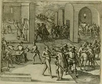 Picture 57 of 67 from Americae pars qvinta Nobilis & admiratione plena Hieronymi Bezoni Mediolanensis, secundae sectionis hiã. Hispanorum : tùm in Nigrittas seruos suos, tùm in Indos crudelitatem, Gallorumq pirataru de Hispanis toties reportata spolia : aduentu item Hispanoru in Nouam Indiæ continentis Hispaniam, eorumq contra incolas eius regionis sæuitiam explicans addita ad singula fere capita scholia, in quibus res Indiæ luculenter exponuntur : accessit præterea tabula chorographica nouæ Hispaniæ in India Occidentalj : ad invictis Rvdolph II ... omnia elegantibus figuris in aes incisis expressa (1595), leaf 114