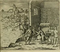 Picture 58 of 67 from Americae pars qvinta Nobilis & admiratione plena Hieronymi Bezoni Mediolanensis, secundae sectionis hiã. Hispanorum : tùm in Nigrittas seruos suos, tùm in Indos crudelitatem, Gallorumq pirataru de Hispanis toties reportata spolia : aduentu item Hispanoru in Nouam Indiæ continentis Hispaniam, eorumq contra incolas eius regionis sæuitiam explicans addita ad singula fere capita scholia, in quibus res Indiæ luculenter exponuntur : accessit præterea tabula chorographica nouæ Hispaniæ in India Occidentalj : ad invictis Rvdolph II ... omnia elegantibus figuris in aes incisis expressa (1595), leaf 116