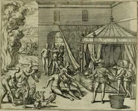 Picture 60 of 67 from Americae pars qvinta Nobilis & admiratione plena Hieronymi Bezoni Mediolanensis, secundae sectionis hiã. Hispanorum : tùm in Nigrittas seruos suos, tùm in Indos crudelitatem, Gallorumq pirataru de Hispanis toties reportata spolia : aduentu item Hispanoru in Nouam Indiæ continentis Hispaniam, eorumq contra incolas eius regionis sæuitiam explicans addita ad singula fere capita scholia, in quibus res Indiæ luculenter exponuntur : accessit præterea tabula chorographica nouæ Hispaniæ in India Occidentalj : ad invictis Rvdolph II ... omnia elegantibus figuris in aes incisis expressa (1595), leaf 120