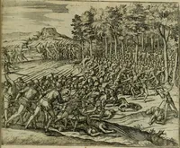 Picture 61 of 67 from Americae pars qvinta Nobilis & admiratione plena Hieronymi Bezoni Mediolanensis, secundae sectionis hiã. Hispanorum : tùm in Nigrittas seruos suos, tùm in Indos crudelitatem, Gallorumq pirataru de Hispanis toties reportata spolia : aduentu item Hispanoru in Nouam Indiæ continentis Hispaniam, eorumq contra incolas eius regionis sæuitiam explicans addita ad singula fere capita scholia, in quibus res Indiæ luculenter exponuntur : accessit præterea tabula chorographica nouæ Hispaniæ in India Occidentalj : ad invictis Rvdolph II ... omnia elegantibus figuris in aes incisis expressa (1595), leaf 122