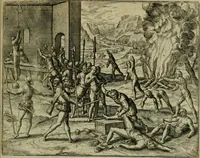 An illustration from Americae pars qvinta Nobilis & admiratione plena Hieronymi Bezoni Mediolanensis, secundae sectionis hiã. Hispanorum : tùm in Nigrittas seruos suos, tùm in Indos crudelitatem, Gallorumq pirataru de Hispanis toties reportata spolia : aduentu item Hispanoru in Nouam Indiæ continentis Hispaniam, eorumq contra incolas eius regionis sæuitiam explicans addita ad singula fere capita scholia, in quibus res Indiæ luculenter exponuntur : accessit præterea tabula chorographica nouæ Hispaniæ in India Occidentalj : ad invictis Rvdolph II ... omnia elegantibus figuris in aes incisis expressa (1595)