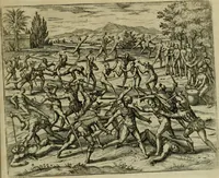 Picture 63 of 67 from Americae pars qvinta Nobilis & admiratione plena Hieronymi Bezoni Mediolanensis, secundae sectionis hiã. Hispanorum : tùm in Nigrittas seruos suos, tùm in Indos crudelitatem, Gallorumq pirataru de Hispanis toties reportata spolia : aduentu item Hispanoru in Nouam Indiæ continentis Hispaniam, eorumq contra incolas eius regionis sæuitiam explicans addita ad singula fere capita scholia, in quibus res Indiæ luculenter exponuntur : accessit præterea tabula chorographica nouæ Hispaniæ in India Occidentalj : ad invictis Rvdolph II ... omnia elegantibus figuris in aes incisis expressa (1595), leaf 126
