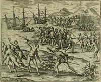 Picture 64 of 67 from Americae pars qvinta Nobilis & admiratione plena Hieronymi Bezoni Mediolanensis, secundae sectionis hiã. Hispanorum : tùm in Nigrittas seruos suos, tùm in Indos crudelitatem, Gallorumq pirataru de Hispanis toties reportata spolia : aduentu item Hispanoru in Nouam Indiæ continentis Hispaniam, eorumq contra incolas eius regionis sæuitiam explicans addita ad singula fere capita scholia, in quibus res Indiæ luculenter exponuntur : accessit præterea tabula chorographica nouæ Hispaniæ in India Occidentalj : ad invictis Rvdolph II ... omnia elegantibus figuris in aes incisis expressa (1595), leaf 128