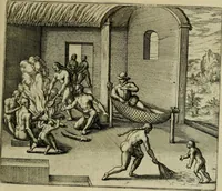 Picture 65 of 67 from Americae pars qvinta Nobilis & admiratione plena Hieronymi Bezoni Mediolanensis, secundae sectionis hiã. Hispanorum : tùm in Nigrittas seruos suos, tùm in Indos crudelitatem, Gallorumq pirataru de Hispanis toties reportata spolia : aduentu item Hispanoru in Nouam Indiæ continentis Hispaniam, eorumq contra incolas eius regionis sæuitiam explicans addita ad singula fere capita scholia, in quibus res Indiæ luculenter exponuntur : accessit præterea tabula chorographica nouæ Hispaniæ in India Occidentalj : ad invictis Rvdolph II ... omnia elegantibus figuris in aes incisis expressa (1595), leaf 130