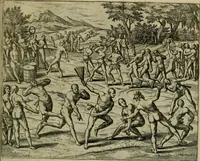 An illustration from Americae pars qvinta Nobilis & admiratione plena Hieronymi Bezoni Mediolanensis, secundae sectionis hiã. Hispanorum : tùm in Nigrittas seruos suos, tùm in Indos crudelitatem, Gallorumq pirataru de Hispanis toties reportata spolia : aduentu item Hispanoru in Nouam Indiæ continentis Hispaniam, eorumq contra incolas eius regionis sæuitiam explicans addita ad singula fere capita scholia, in quibus res Indiæ luculenter exponuntur : accessit præterea tabula chorographica nouæ Hispaniæ in India Occidentalj : ad invictis Rvdolph II ... omnia elegantibus figuris in aes incisis expressa (1595)