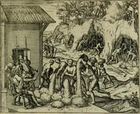 Picture 46 of 67 from Americae pars qvinta Nobilis & admiratione plena Hieronymi Bezoni Mediolanensis, secundae sectionis hiã. Hispanorum : tùm in Nigrittas seruos suos, tùm in Indos crudelitatem, Gallorumq pirataru de Hispanis toties reportata spolia : aduentu item Hispanoru in Nouam Indiæ continentis Hispaniam, eorumq contra incolas eius regionis sæuitiam explicans addita ad singula fere capita scholia, in quibus res Indiæ luculenter exponuntur : accessit præterea tabula chorographica nouæ Hispaniæ in India Occidentalj : ad invictis Rvdolph II ... omnia elegantibus figuris in aes incisis expressa (1595), leaf 92