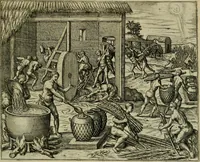 Picture 47 of 67 from Americae pars qvinta Nobilis & admiratione plena Hieronymi Bezoni Mediolanensis, secundae sectionis hiã. Hispanorum : tùm in Nigrittas seruos suos, tùm in Indos crudelitatem, Gallorumq pirataru de Hispanis toties reportata spolia : aduentu item Hispanoru in Nouam Indiæ continentis Hispaniam, eorumq contra incolas eius regionis sæuitiam explicans addita ad singula fere capita scholia, in quibus res Indiæ luculenter exponuntur : accessit præterea tabula chorographica nouæ Hispaniæ in India Occidentalj : ad invictis Rvdolph II ... omnia elegantibus figuris in aes incisis expressa (1595), leaf 94