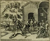 Picture 48 of 67 from Americae pars qvinta Nobilis & admiratione plena Hieronymi Bezoni Mediolanensis, secundae sectionis hiã. Hispanorum : tùm in Nigrittas seruos suos, tùm in Indos crudelitatem, Gallorumq pirataru de Hispanis toties reportata spolia : aduentu item Hispanoru in Nouam Indiæ continentis Hispaniam, eorumq contra incolas eius regionis sæuitiam explicans addita ad singula fere capita scholia, in quibus res Indiæ luculenter exponuntur : accessit præterea tabula chorographica nouæ Hispaniæ in India Occidentalj : ad invictis Rvdolph II ... omnia elegantibus figuris in aes incisis expressa (1595), leaf 96