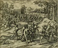Picture 49 of 67 from Americae pars qvinta Nobilis & admiratione plena Hieronymi Bezoni Mediolanensis, secundae sectionis hiã. Hispanorum : tùm in Nigrittas seruos suos, tùm in Indos crudelitatem, Gallorumq pirataru de Hispanis toties reportata spolia : aduentu item Hispanoru in Nouam Indiæ continentis Hispaniam, eorumq contra incolas eius regionis sæuitiam explicans addita ad singula fere capita scholia, in quibus res Indiæ luculenter exponuntur : accessit præterea tabula chorographica nouæ Hispaniæ in India Occidentalj : ad invictis Rvdolph II ... omnia elegantibus figuris in aes incisis expressa (1595), leaf 98