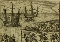 An illustration from Americae pars sexta, siue, Historiæ ab Hieronymo Bezono Mediolanese scriptæ, sectio tertia : res nõ minus nobiles & admiratione plenas continens, quàm præcedentes duæ : in hac enim reperies, qua ratione Hispani opuletissimas illas Peruäni regni prouincias occuparint, capto Rege Atabaliba : deide orta inter ipsos Hispanos in eo regno ciuilia bella : additus est breuis de fortunatis insulis cõmentariolus in duo capita distinctus : item additiones ad singula capita historiam illustrantes : accesit Perväni regni chorographica tabula ... : omnia elegantibus figuris in æs incisis expressa ; (1596)