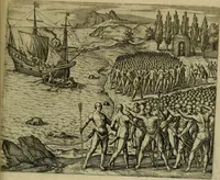 An illustration from Americae pars sexta, siue, Historiæ ab Hieronymo Bezono Mediolanese scriptæ, sectio tertia : res nõ minus nobiles & admiratione plenas continens, quàm præcedentes duæ : in hac enim reperies, qua ratione Hispani opuletissimas illas Peruäni regni prouincias occuparint, capto Rege Atabaliba : deide orta inter ipsos Hispanos in eo regno ciuilia bella : additus est breuis de fortunatis insulis cõmentariolus in duo capita distinctus : item additiones ad singula capita historiam illustrantes : accesit Perväni regni chorographica tabula ... : omnia elegantibus figuris in æs incisis expressa ; (1596)