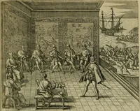 An illustration from Americae pars sexta, siue, Historiæ ab Hieronymo Bezono Mediolanese scriptæ, sectio tertia : res nõ minus nobiles & admiratione plenas continens, quàm præcedentes duæ : in hac enim reperies, qua ratione Hispani opuletissimas illas Peruäni regni prouincias occuparint, capto Rege Atabaliba : deide orta inter ipsos Hispanos in eo regno ciuilia bella : additus est breuis de fortunatis insulis cõmentariolus in duo capita distinctus : item additiones ad singula capita historiam illustrantes : accesit Perväni regni chorographica tabula ... : omnia elegantibus figuris in æs incisis expressa ; (1596)