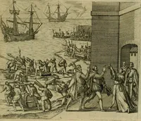 An illustration from Americae pars sexta, siue, Historiæ ab Hieronymo Bezono Mediolanese scriptæ, sectio tertia : res nõ minus nobiles & admiratione plenas continens, quàm præcedentes duæ : in hac enim reperies, qua ratione Hispani opuletissimas illas Peruäni regni prouincias occuparint, capto Rege Atabaliba : deide orta inter ipsos Hispanos in eo regno ciuilia bella : additus est breuis de fortunatis insulis cõmentariolus in duo capita distinctus : item additiones ad singula capita historiam illustrantes : accesit Perväni regni chorographica tabula ... : omnia elegantibus figuris in æs incisis expressa ; (1596)