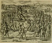An illustration from Americae pars sexta, siue, Historiæ ab Hieronymo Bezono Mediolanese scriptæ, sectio tertia : res nõ minus nobiles & admiratione plenas continens, quàm præcedentes duæ : in hac enim reperies, qua ratione Hispani opuletissimas illas Peruäni regni prouincias occuparint, capto Rege Atabaliba : deide orta inter ipsos Hispanos in eo regno ciuilia bella : additus est breuis de fortunatis insulis cõmentariolus in duo capita distinctus : item additiones ad singula capita historiam illustrantes : accesit Perväni regni chorographica tabula ... : omnia elegantibus figuris in æs incisis expressa ; (1596)