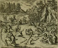 An illustration from Americae pars sexta, siue, Historiæ ab Hieronymo Bezono Mediolanese scriptæ, sectio tertia : res nõ minus nobiles & admiratione plenas continens, quàm præcedentes duæ : in hac enim reperies, qua ratione Hispani opuletissimas illas Peruäni regni prouincias occuparint, capto Rege Atabaliba : deide orta inter ipsos Hispanos in eo regno ciuilia bella : additus est breuis de fortunatis insulis cõmentariolus in duo capita distinctus : item additiones ad singula capita historiam illustrantes : accesit Perväni regni chorographica tabula ... : omnia elegantibus figuris in æs incisis expressa ; (1596)