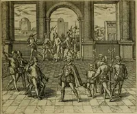 An illustration from Americae pars sexta, siue, Historiæ ab Hieronymo Bezono Mediolanese scriptæ, sectio tertia : res nõ minus nobiles & admiratione plenas continens, quàm præcedentes duæ : in hac enim reperies, qua ratione Hispani opuletissimas illas Peruäni regni prouincias occuparint, capto Rege Atabaliba : deide orta inter ipsos Hispanos in eo regno ciuilia bella : additus est breuis de fortunatis insulis cõmentariolus in duo capita distinctus : item additiones ad singula capita historiam illustrantes : accesit Perväni regni chorographica tabula ... : omnia elegantibus figuris in æs incisis expressa ; (1596)