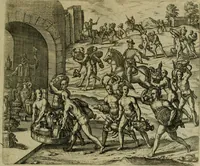 An illustration from Americae pars sexta, siue, Historiæ ab Hieronymo Bezono Mediolanese scriptæ, sectio tertia : res nõ minus nobiles & admiratione plenas continens, quàm præcedentes duæ : in hac enim reperies, qua ratione Hispani opuletissimas illas Peruäni regni prouincias occuparint, capto Rege Atabaliba : deide orta inter ipsos Hispanos in eo regno ciuilia bella : additus est breuis de fortunatis insulis cõmentariolus in duo capita distinctus : item additiones ad singula capita historiam illustrantes : accesit Perväni regni chorographica tabula ... : omnia elegantibus figuris in æs incisis expressa ; (1596)
