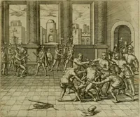 An illustration from Americae pars sexta, siue, Historiæ ab Hieronymo Bezono Mediolanese scriptæ, sectio tertia : res nõ minus nobiles & admiratione plenas continens, quàm præcedentes duæ : in hac enim reperies, qua ratione Hispani opuletissimas illas Peruäni regni prouincias occuparint, capto Rege Atabaliba : deide orta inter ipsos Hispanos in eo regno ciuilia bella : additus est breuis de fortunatis insulis cõmentariolus in duo capita distinctus : item additiones ad singula capita historiam illustrantes : accesit Perväni regni chorographica tabula ... : omnia elegantibus figuris in æs incisis expressa ; (1596)