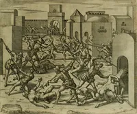 An illustration from Americae pars sexta, siue, Historiæ ab Hieronymo Bezono Mediolanese scriptæ, sectio tertia : res nõ minus nobiles & admiratione plenas continens, quàm præcedentes duæ : in hac enim reperies, qua ratione Hispani opuletissimas illas Peruäni regni prouincias occuparint, capto Rege Atabaliba : deide orta inter ipsos Hispanos in eo regno ciuilia bella : additus est breuis de fortunatis insulis cõmentariolus in duo capita distinctus : item additiones ad singula capita historiam illustrantes : accesit Perväni regni chorographica tabula ... : omnia elegantibus figuris in æs incisis expressa ; (1596)