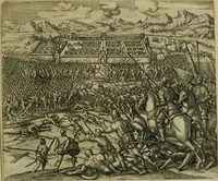 An illustration from Americae pars sexta, siue, Historiæ ab Hieronymo Bezono Mediolanese scriptæ, sectio tertia : res nõ minus nobiles & admiratione plenas continens, quàm præcedentes duæ : in hac enim reperies, qua ratione Hispani opuletissimas illas Peruäni regni prouincias occuparint, capto Rege Atabaliba : deide orta inter ipsos Hispanos in eo regno ciuilia bella : additus est breuis de fortunatis insulis cõmentariolus in duo capita distinctus : item additiones ad singula capita historiam illustrantes : accesit Perväni regni chorographica tabula ... : omnia elegantibus figuris in æs incisis expressa ; (1596)