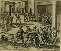An illustration from Americae pars sexta, siue, Historiæ ab Hieronymo Bezono Mediolanese scriptæ, sectio tertia : res nõ minus nobiles & admiratione plenas continens, quàm præcedentes duæ : in hac enim reperies, qua ratione Hispani opuletissimas illas Peruäni regni prouincias occuparint, capto Rege Atabaliba : deide orta inter ipsos Hispanos in eo regno ciuilia bella : additus est breuis de fortunatis insulis cõmentariolus in duo capita distinctus : item additiones ad singula capita historiam illustrantes : accesit Perväni regni chorographica tabula ... : omnia elegantibus figuris in æs incisis expressa ; (1596)