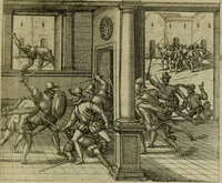 An illustration from Americae pars sexta, siue, Historiæ ab Hieronymo Bezono Mediolanese scriptæ, sectio tertia : res nõ minus nobiles & admiratione plenas continens, quàm præcedentes duæ : in hac enim reperies, qua ratione Hispani opuletissimas illas Peruäni regni prouincias occuparint, capto Rege Atabaliba : deide orta inter ipsos Hispanos in eo regno ciuilia bella : additus est breuis de fortunatis insulis cõmentariolus in duo capita distinctus : item additiones ad singula capita historiam illustrantes : accesit Perväni regni chorographica tabula ... : omnia elegantibus figuris in æs incisis expressa ; (1596)