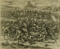 An illustration from Americae pars sexta, siue, Historiæ ab Hieronymo Bezono Mediolanese scriptæ, sectio tertia : res nõ minus nobiles & admiratione plenas continens, quàm præcedentes duæ : in hac enim reperies, qua ratione Hispani opuletissimas illas Peruäni regni prouincias occuparint, capto Rege Atabaliba : deide orta inter ipsos Hispanos in eo regno ciuilia bella : additus est breuis de fortunatis insulis cõmentariolus in duo capita distinctus : item additiones ad singula capita historiam illustrantes : accesit Perväni regni chorographica tabula ... : omnia elegantibus figuris in æs incisis expressa ; (1596)