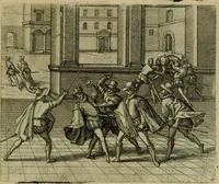 An illustration from Americae pars sexta, siue, Historiæ ab Hieronymo Bezono Mediolanese scriptæ, sectio tertia : res nõ minus nobiles & admiratione plenas continens, quàm præcedentes duæ : in hac enim reperies, qua ratione Hispani opuletissimas illas Peruäni regni prouincias occuparint, capto Rege Atabaliba : deide orta inter ipsos Hispanos in eo regno ciuilia bella : additus est breuis de fortunatis insulis cõmentariolus in duo capita distinctus : item additiones ad singula capita historiam illustrantes : accesit Perväni regni chorographica tabula ... : omnia elegantibus figuris in æs incisis expressa ; (1596)